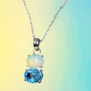 Ethiopian Opal & Blue Topaz Pendant Necklace In Sterling Silver Brand New